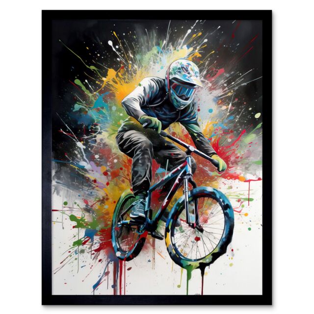 "Artery8 Wall Art Print Mountain Biking Extreme Sport Paint Splat Portrait Art Framed in Black - Size: W12"" x H16""" - image 1
