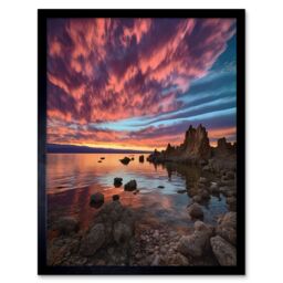 "Artery8 Wall Art Print Atmospheric Sunset Clouds Over Mono Lake Lakeside Landscape Modern Watercolour Painting Art Framed in Black - Size: W12"" x H16""" - thumbnail 1