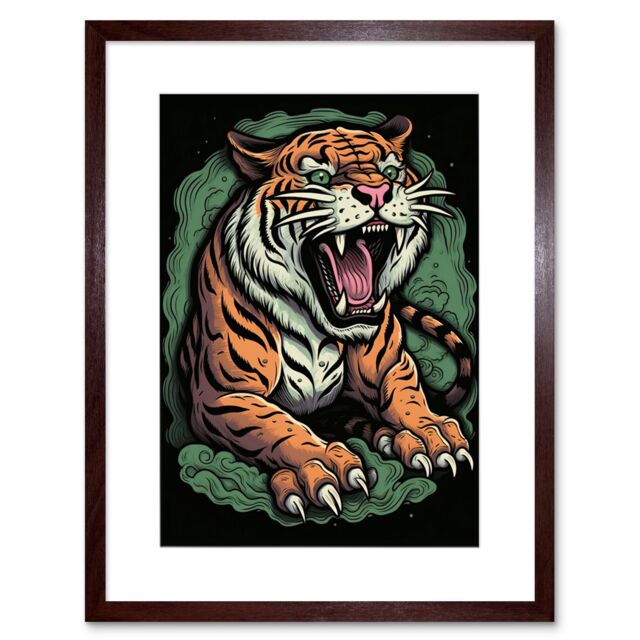 "Artery8 Wall Art Print Old School USA Tattoo Ink Body Art Ferocious Tiger Rockabilly Americana 50s Artwork Framed 9X7 Inch in Brown - Size: W7"" x H9""" - image 1