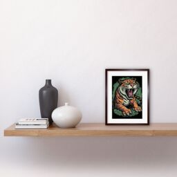 "Artery8 Wall Art Print Old School USA Tattoo Ink Body Art Ferocious Tiger Rockabilly Americana 50s Artwork Framed 9X7 Inch in Brown - Size: W7"" x H9""" - thumbnail 2