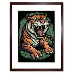 "Artery8 Wall Art Print Old School USA Tattoo Ink Body Art Ferocious Tiger Rockabilly Americana 50s Artwork Framed 9X7 Inch in Brown - Size: W7"" x H9""" - thumbnail 1