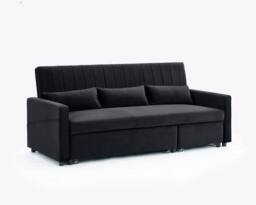 Home Detail Devon Velvet Pull Out Sofa Bed Ribbed Fabric Detailing & Side Pocket Storage in Jet Black - thumbnail 2