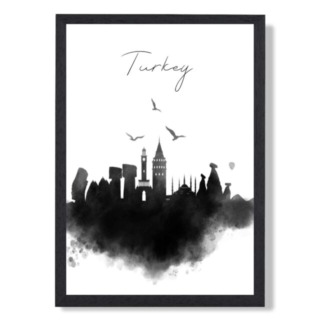 ARTZE Turkey Watercolour Skyline City Framed Print SIZE: A2 with Black Frame - image 1