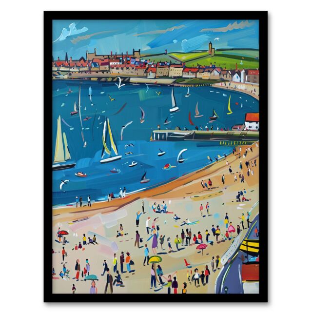 Artery8 Scarborough North Bay Beach Pier Seaside Holiday Framed Art Print in Blue - Size: A4 - image 1