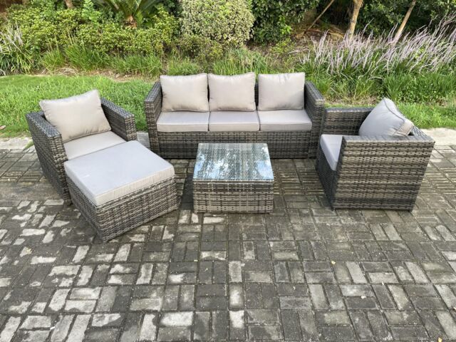 Fimous Rattan Garden Furniture Set Patio Outdoor Lounge Sofa Set with 2 Armchairs Square Coffee Table Big Footstool Dark Grey Mixed - image 1