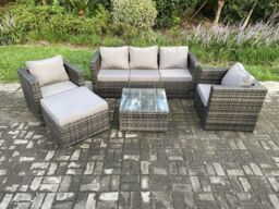 Fimous Rattan Garden Furniture Set Patio Outdoor Lounge Sofa Set with 2 Armchairs Square Coffee Table Big Footstool Dark Grey Mixed - thumbnail 2