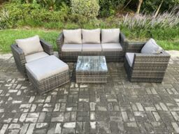 Fimous Rattan Garden Furniture Set Patio Outdoor Lounge Sofa Set with 2 Armchairs Square Coffee Table Big Footstool Dark Grey Mixed - thumbnail 1