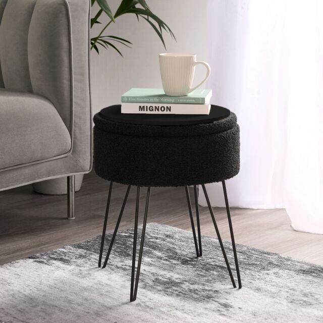 OHS Boucle Fleece Foot Stool Storage Seat Chair in Black - image 1