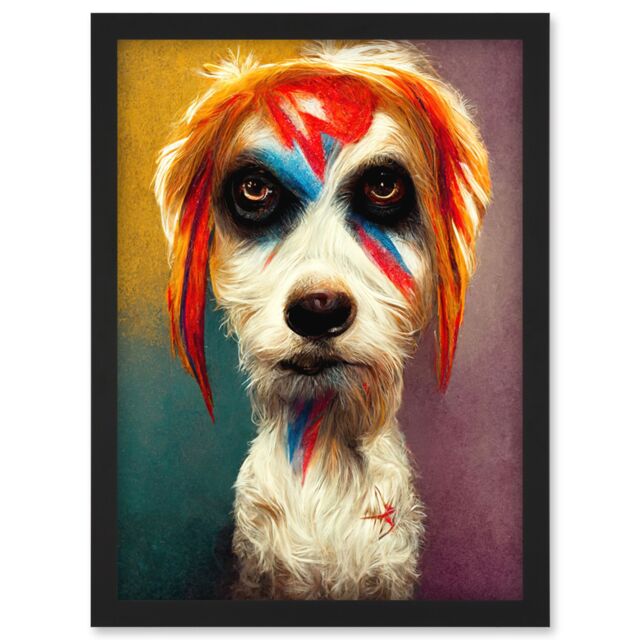 Artery8 Aladdin Sane Ziggy Stardust Terrier Dog Fun Quirky Painting Artwork Framed Wall Art Print A4 in Black - image 1