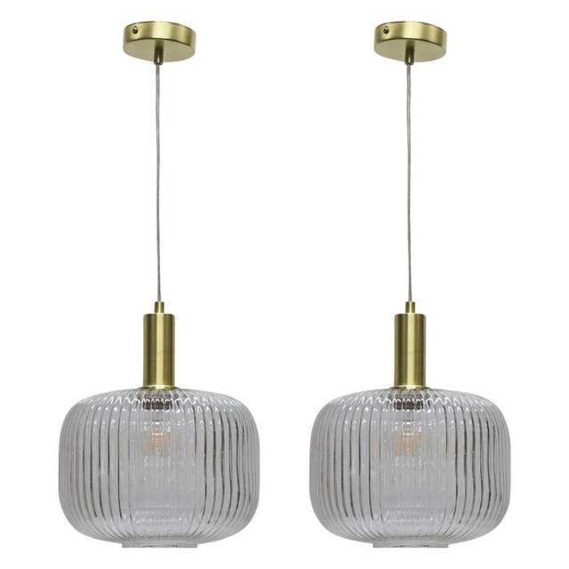 First Choice Lighting Set of 2 Batley Large - Clear Ribbed Glass Satin Brass Deco Pendants - image 1
