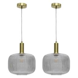 First Choice Lighting Set of 2 Batley Large - Clear Ribbed Glass Satin Brass Deco Pendants - thumbnail 1