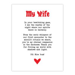 "Artery8 Love Poem Goth Wife Romantic Poetry Fun Wall Art Print in White - Size: W18"" x H24""" - thumbnail 1