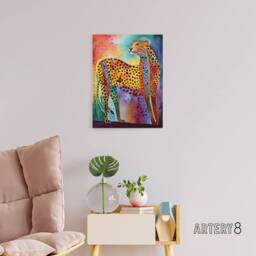 "Artery8 Colourful Cheetah Folk Art Watercolour Canvas Wall Art Print - Size: W18"" x H24""" - thumbnail 3
