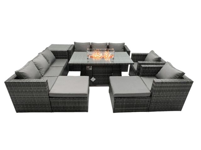 Fimous Rattan Garden Furniture Firepit Dining Set 10 Seater Lounge Sofa Table Set with side table 2 big Footstool in Dark Grey - image 1