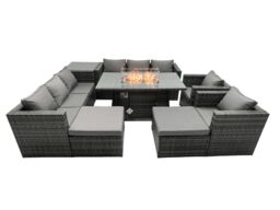 Fimous Rattan Garden Furniture Firepit Dining Set 10 Seater Lounge Sofa Table Set with side table 2 big Footstool in Dark Grey - thumbnail 1