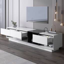 Merax High Gloss Storage Media TV Unit with Drawers & Open Compartments in White - thumbnail 3