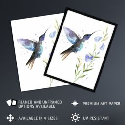 Artery8 Elegant Hummingbird with Wildflower Watercolour Framed Wall Art in White - Size: A4 - thumbnail 2