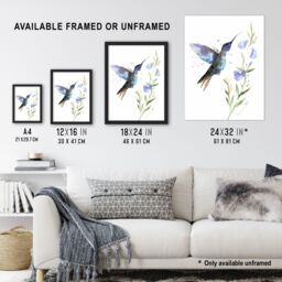 Artery8 Elegant Hummingbird with Wildflower Watercolour Framed Wall Art in White - Size: A4 - thumbnail 3