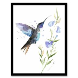 Artery8 Elegant Hummingbird with Wildflower Watercolour Framed Wall Art in White - Size: A4 - thumbnail 1