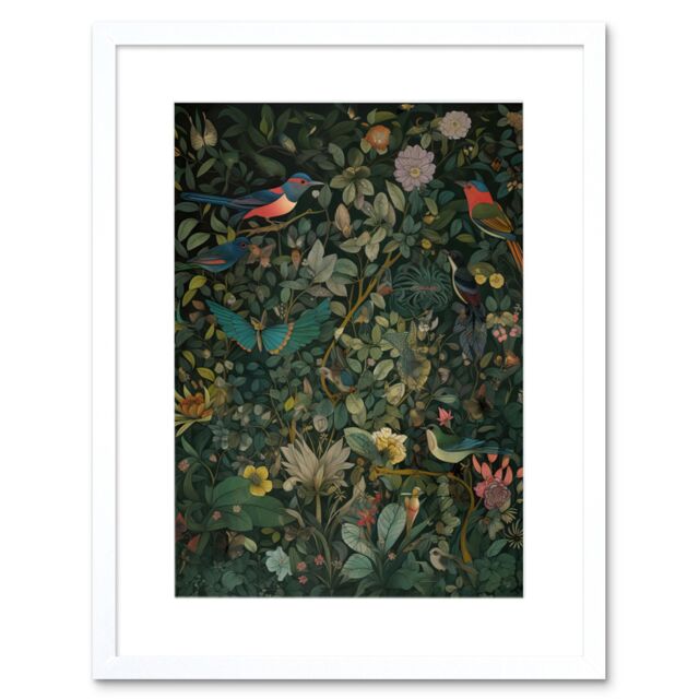 "Artery8 Wall Art Print Butterflies & Birds on Flowering Shrub Folk Artwork Framed 9X7 Inch in White - Size: W7"" x H9""" - image 1