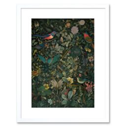 "Artery8 Wall Art Print Butterflies & Birds on Flowering Shrub Folk Artwork Framed 9X7 Inch in White - Size: W7"" x H9""" - thumbnail 1