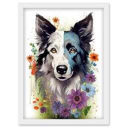 Artery8 Wall Art Print Border Collie Dog Pict Scotland Blue Basant Face Bright Artwork Portrait with Wildflowers Artwork Framed A4 in White - thumbnail 1