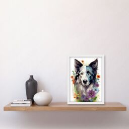 Artery8 Wall Art Print Border Collie Dog Pict Scotland Blue Basant Face Bright Artwork Portrait with Wildflowers Artwork Framed A4 in White - thumbnail 2