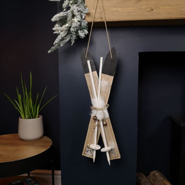 Samuel Alexander 55cm Wooden Decorative Skis with White Fur & Bells Christmas Decoration - image 1