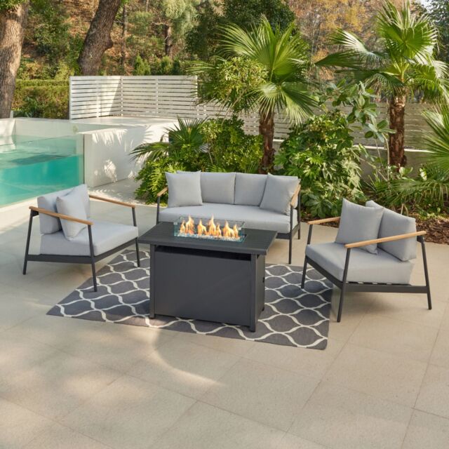 Home Detail Porta Grey Garden Conversation Set with Teak Wood, With Fire Pit Table - image 1