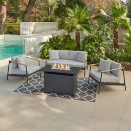 Home Detail Porta Grey Garden Conversation Set with Teak Wood, With Fire Pit Table