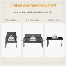 OUTSUNNY 4 Piece Garden Furniture Set Patio Sofa Set w/ Chairs, Glass Top Table in Black - thumbnail 4