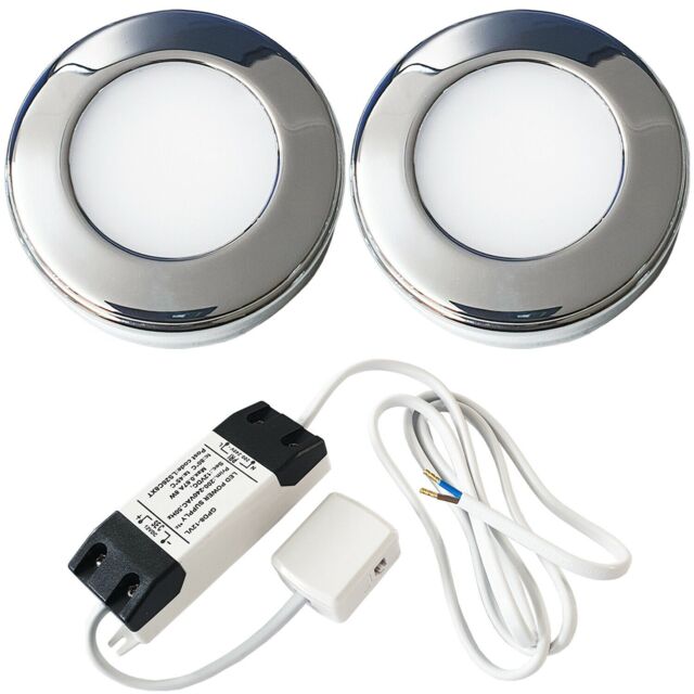 Loops 2x CHROME Round Surface or Flush Under Cabinet Kitchen Light & Driver Kit - Natural White LED - image 1