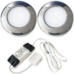 Loops 2x CHROME Round Surface or Flush Under Cabinet Kitchen Light & Driver Kit - Natural White LED