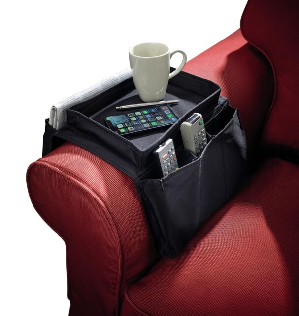 mysmartbuy Arm Rest Organiser - Sofa, Couch or Armchair Caddy with 6 Pockets & Tray for Remote Control, Glasses, Newspaper, Drink or Snacks in Black