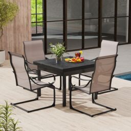 Costway Patio C-Spring Dining Chairs Set of 2 Sling High-Back Chairs in Grey - thumbnail 5