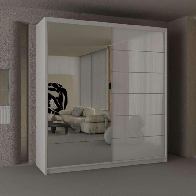 Sliding Wardrobes 4U Fusion High Gloss Sliding Mirror Door Wardrobe 200cm X 200cm in White - Size: 200 cm X 200 cm - image 1