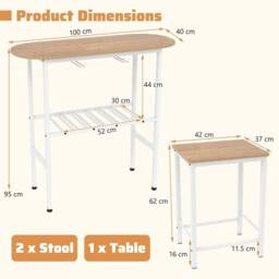 VOGREX Natural 3 Pieces Breakfast Bar Table Set With 2 Stools - thumbnail 2