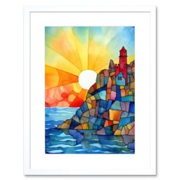 "Artery8 Wall Art Print Sunset Coastal Cliffs Lighthouse Folk Artwork Framed 9X7 Inch in White - Size: W7"" x H9""" - thumbnail 1