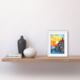 "Artery8 Wall Art Print Sunset Coastal Cliffs Lighthouse Folk Artwork Framed 9X7 Inch in White - Size: W7"" x H9""" - thumbnail 2
