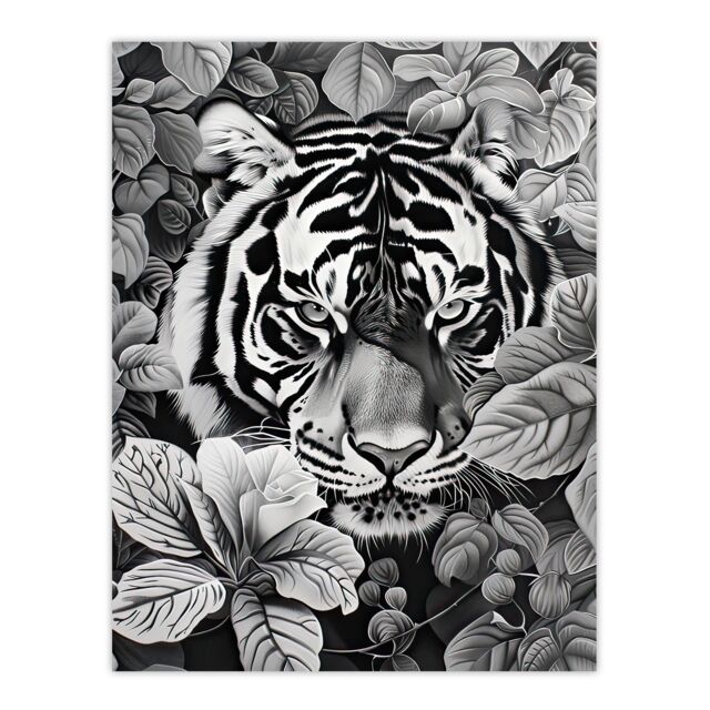 "Artery8 Black White Tiger Jungle Botanical Portrait Wall Art Print - Size: W18"" x H24""" - image 1