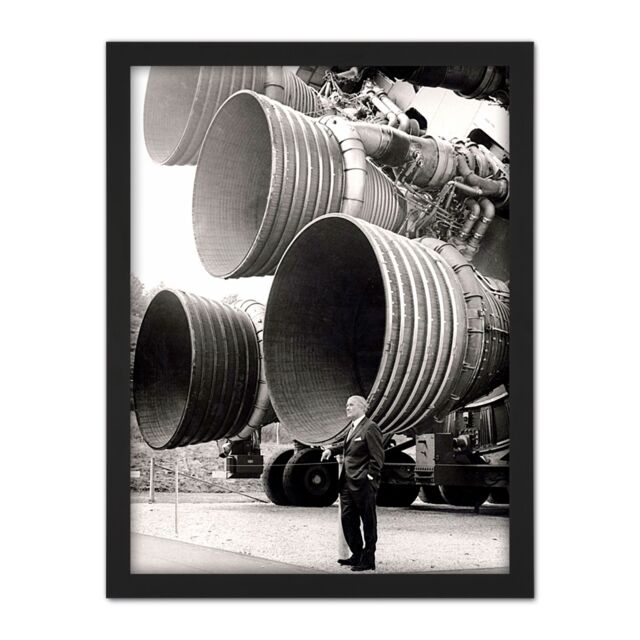 "Artery8 Wall Art Print Space NASA Von Braun Saturn V F-1 Rocket Thrusters Photo Large Framed Wall Décor Art in Light Oak - Size: W18"" x H24""" - image 1