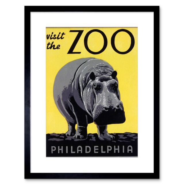 "Artery8 Wall Art Print Zoo Philadelphia USA Hippopotamus Artwork Framed 9X7 Inch in Black - Size: W7"" x H9""" - image 1