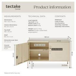 tectake Baker Sideboard, Magnetic Closure, Adjustable Shelf in Cream - thumbnail 6