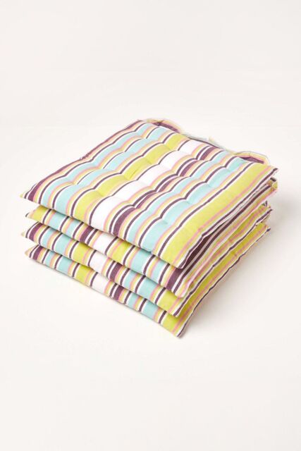Homescapes Set of 4 Osaka Green Stripe Seat Pad with Button Straps, 40 x 40 cm - Size: 40 cm x 40 cm - image 1