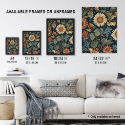 "Artery8 Sunflowers in Leaves Painting Classic Vintage Framed Art Print in Navy - Size: W12"" x H16""" - thumbnail 3