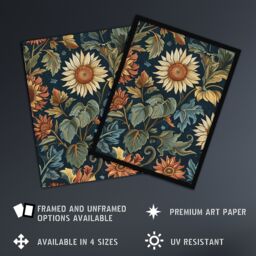 "Artery8 Sunflowers in Leaves Painting Classic Vintage Framed Art Print in Navy - Size: W12"" x H16""" - thumbnail 2