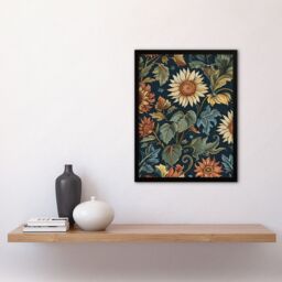 "Artery8 Sunflowers in Leaves Painting Classic Vintage Framed Art Print in Navy - Size: W12"" x H16""" - thumbnail 4