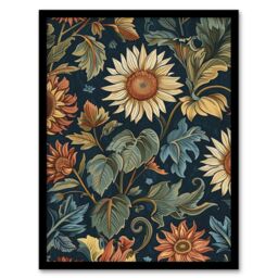 "Artery8 Sunflowers in Leaves Painting Classic Vintage Framed Art Print in Navy - Size: W12"" x H16""" - thumbnail 1