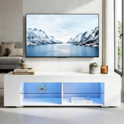 EONLION 135cm LED High Gloss TV Stand Storage Cabinet in White - Size: 100 cm - thumbnail 4