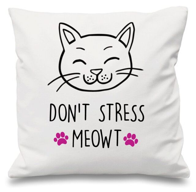 "60 SECOND MAKEOVER White Cushion Cover Cat Don't Stress Meowt 16"" x 16"" Mum Friend Gift Decorative - Size: 40 cm x 40 cm"